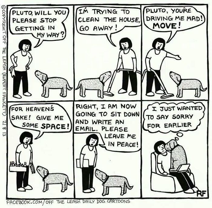 Funny Off The Leash dog cartoons comic panel showing a dog bothering its owner doing house chores.