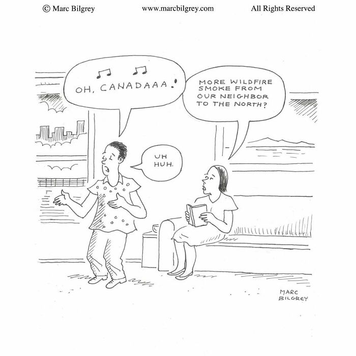 Marc Bilgrey cartoon about wildfire smoke from Canada in a living room scene.