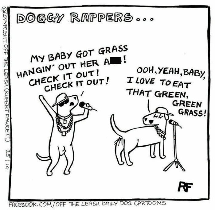 Funny dog cartoon featuring two dogs dressed as rappers holding microphones and singing.