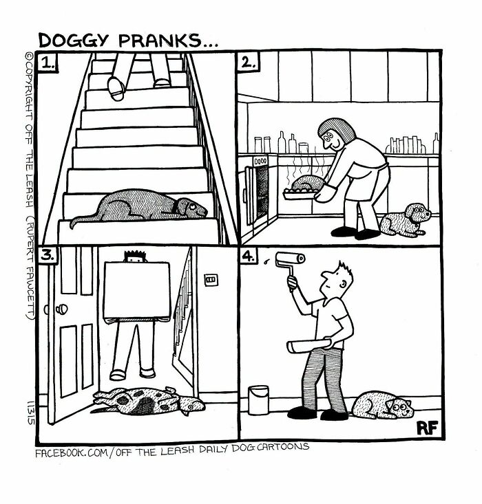 Funny Off The Leash dog cartoons panel depicting four doggy pranks played on owners.