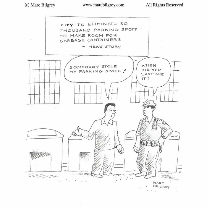 A black and white cartoon by Marc Bilgrey about a stolen parking space.