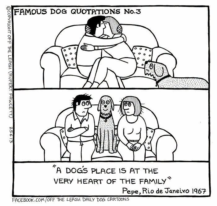 Rupert Fawcett dog cartoon showing a dog sitting between a couple on a couch to be at the heart of the family.