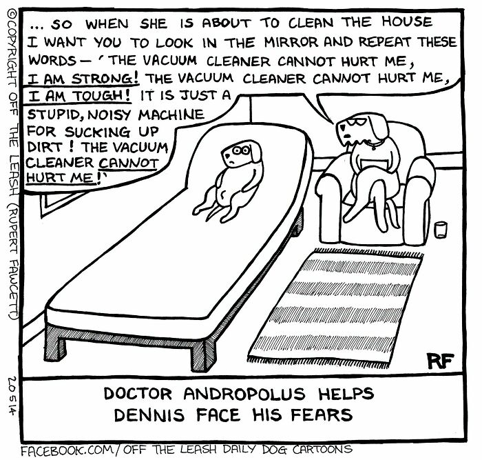 Off The Leash dog cartoon depicting a small dog lying on a couch talking to a therapist dog about vacuum fears.