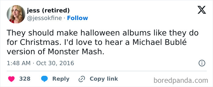 A post advocating for holiday music albums included in hilarious Halloween tweets.