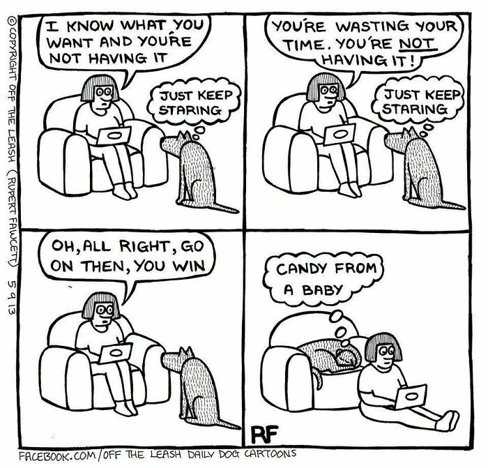 Off The Leash dog cartoon showing a dog staring down its owner until it gets the comfortable armchair