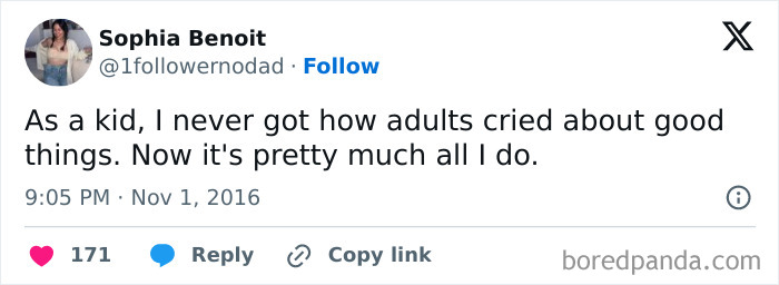 Adulting tweet about crying over good things as an adult meme