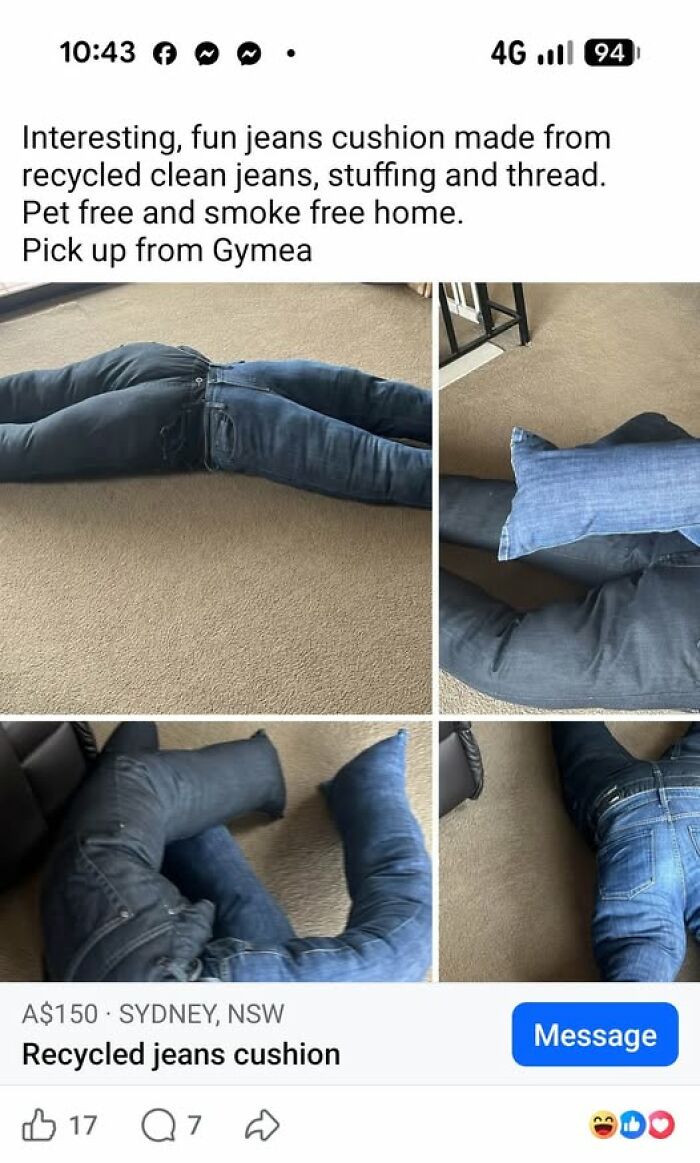 A cushion made of recycled blue jeans shaped like stuffed human legs, showing weird crafts and art projects