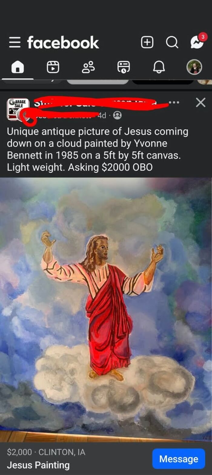A humorous Facebook post selling a quirky, amateur Jesus painting on a cloud, ideal for hilarious crafts.