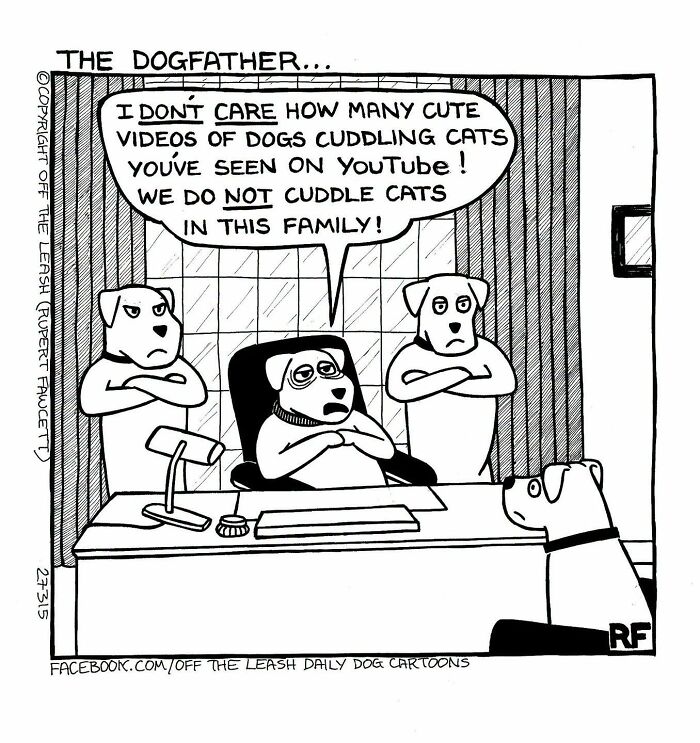 Funny Off The Leash dog cartoon by Rupert Fawcett featuring a dog sitting behind an office desk like a boss.