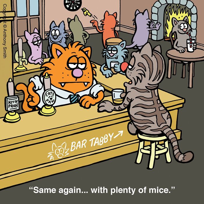 Funny cat comics scene of cats gathered inside a bar called Bar Tabby.