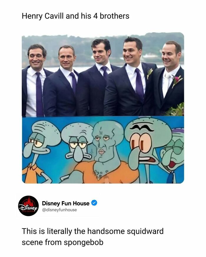 Henry Cavill and his four brothers compared to various Squidward characters from Spongebob