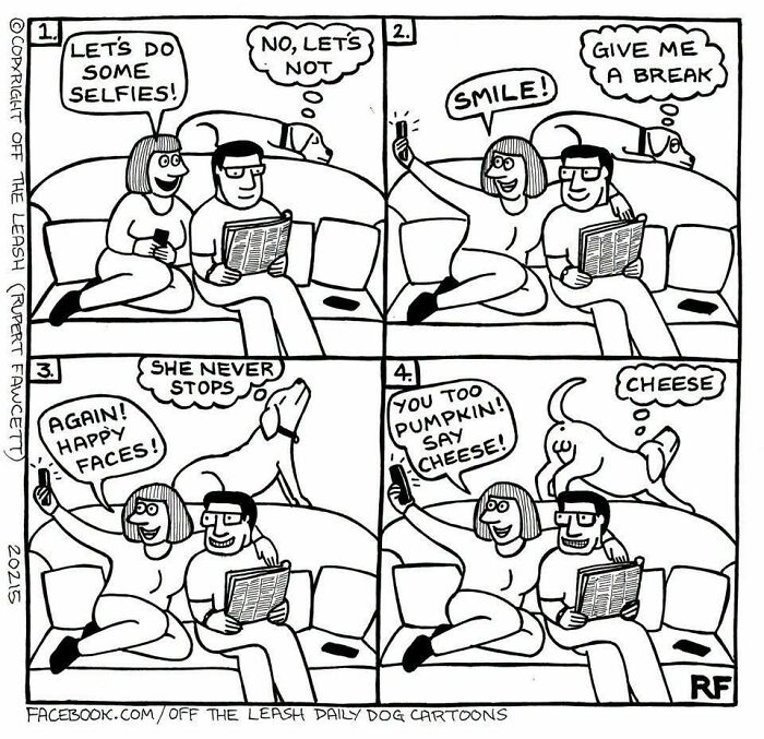 Off The Leash dog cartoon illustrating a couple taking selfies while their pet dog looks annoyed on the couch