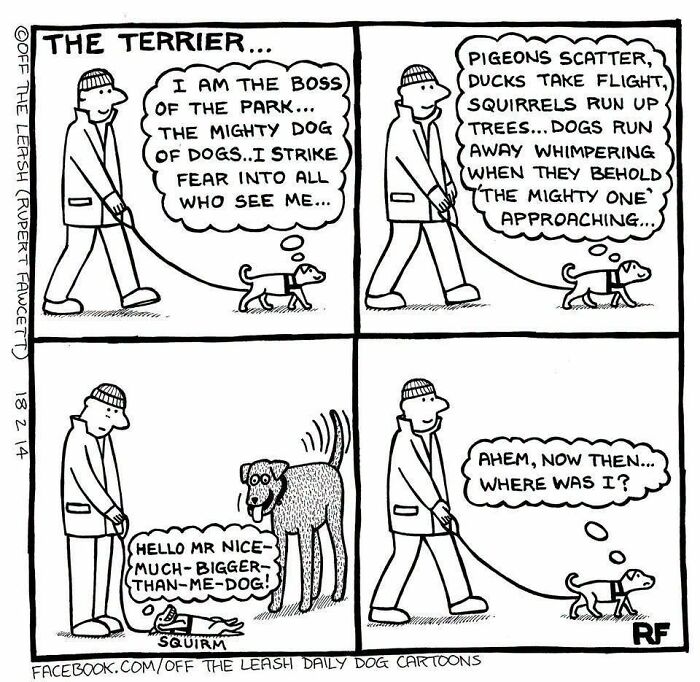 Funny Off The Leash dog cartoon showing a small terrier acting tough on a walk until a larger dog appears