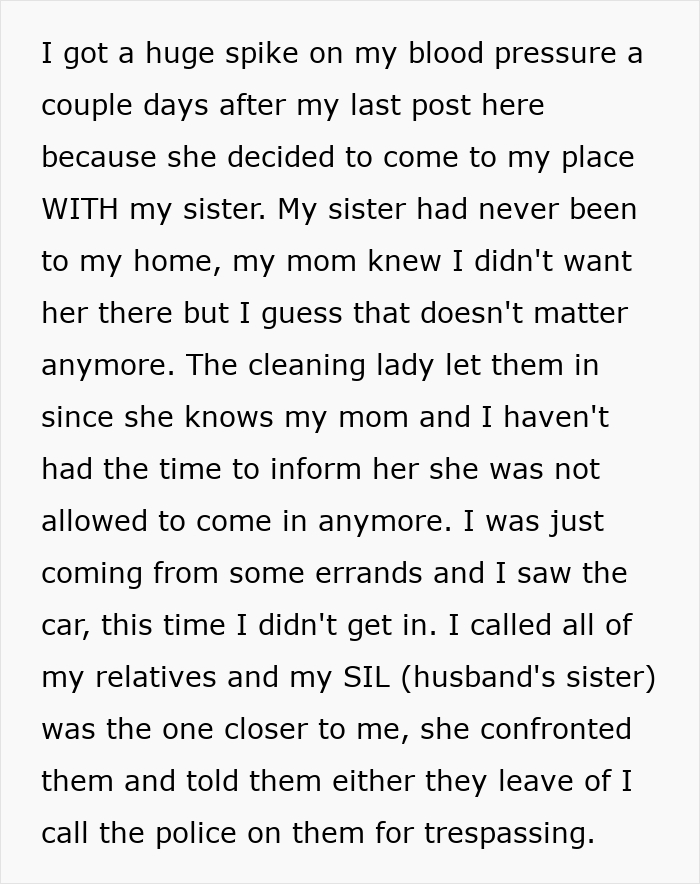 Text post about a family conflict after a guy pursuing ex, detailing a sister trespassing with her mother