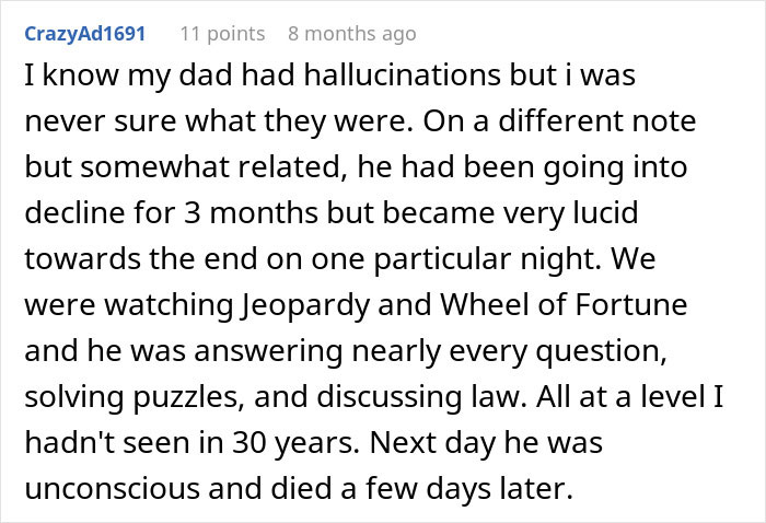 Screenshot of a post about end-of-life conversations where a father became lucid before passing away. Screenshot of a post about end-of-life conversations where a father became lucid before passing away.
