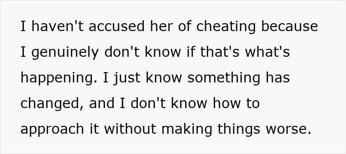 Text post about a husband who senses something is off but hesitates to accuse his wife of cheating.