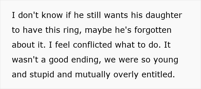 Text detailing a woman's dilemma about returning a family heirloom ring to her ex-husband's family. Text detailing a woman's dilemma about returning a family heirloom ring to her ex-husband's family.