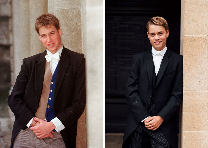 Side-by-side comparison of young Prince William and Prince George wearing formal school uniforms. Side-by-side comparison of young Prince William and Prince George wearing formal school uniforms.