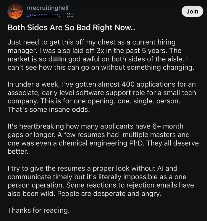 Reddit post about the tough hiring market and high job application volumes