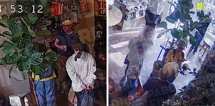 Split image of store security footage showing multiple customers and interactions