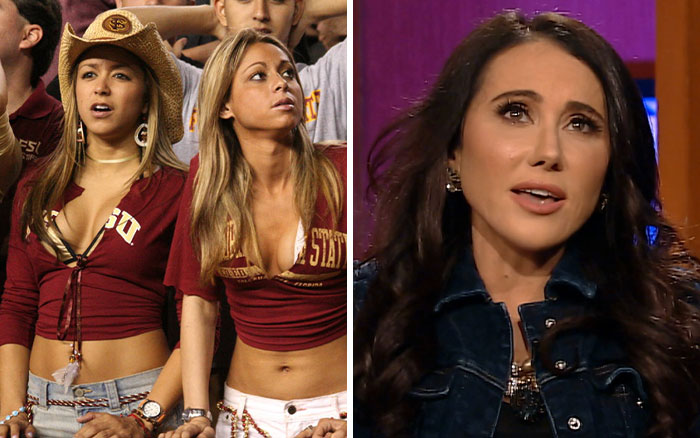 Two women wearing college football game attire at the stands becoming instant stars