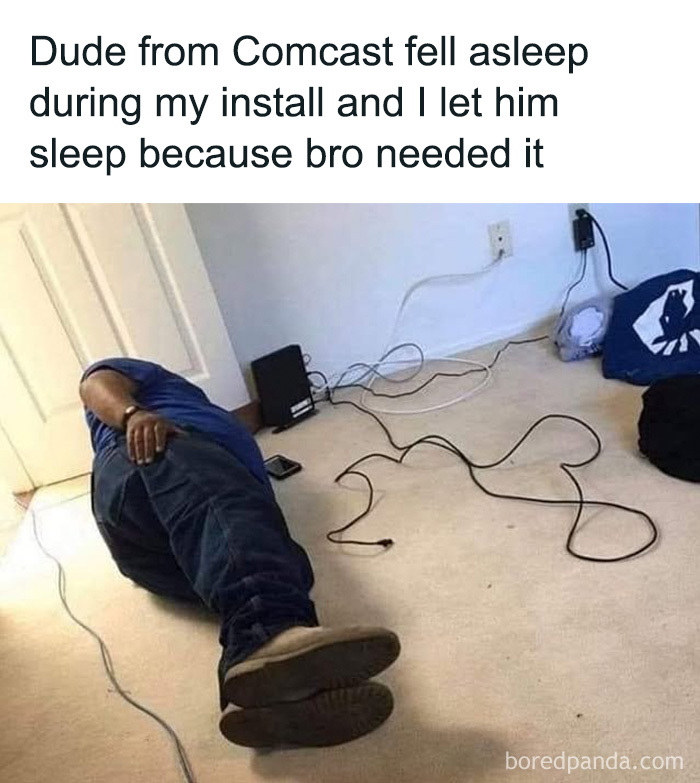Technician asleep on carpet beside internet wires in a funny cringe construction fails meme