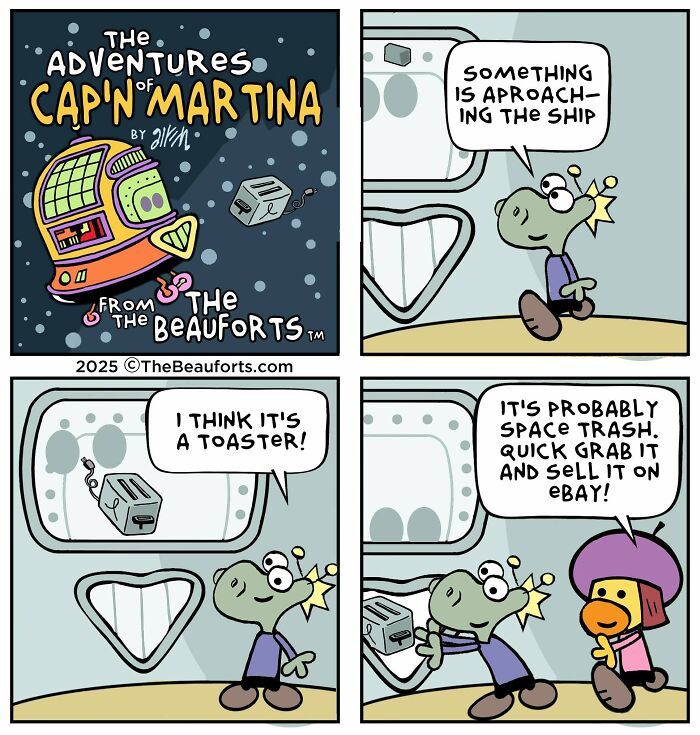 Funny space comics showing alien crew members spotting a flying toaster outside their ship window Funny space comics showing alien crew members spotting a flying toaster outside their ship window