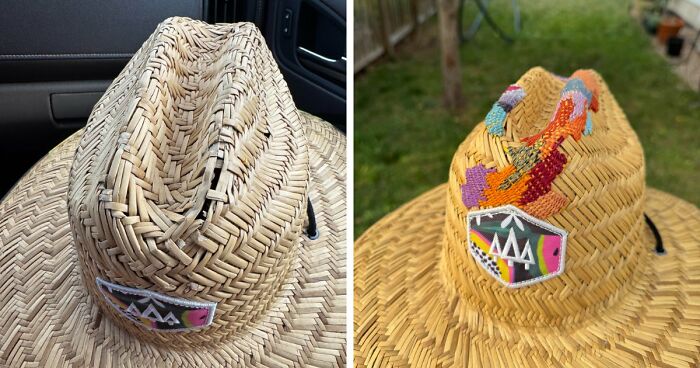 Side-by-side view of a straw hat before and after colorful embroidery repair to save money with creativity.
