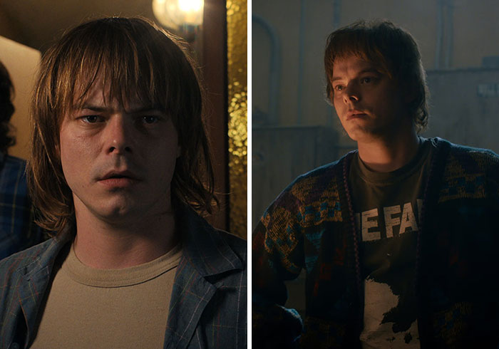 Jonathan Byers from Stranger Things in two moody side-by-side stills, showing male TV characters with red flags.