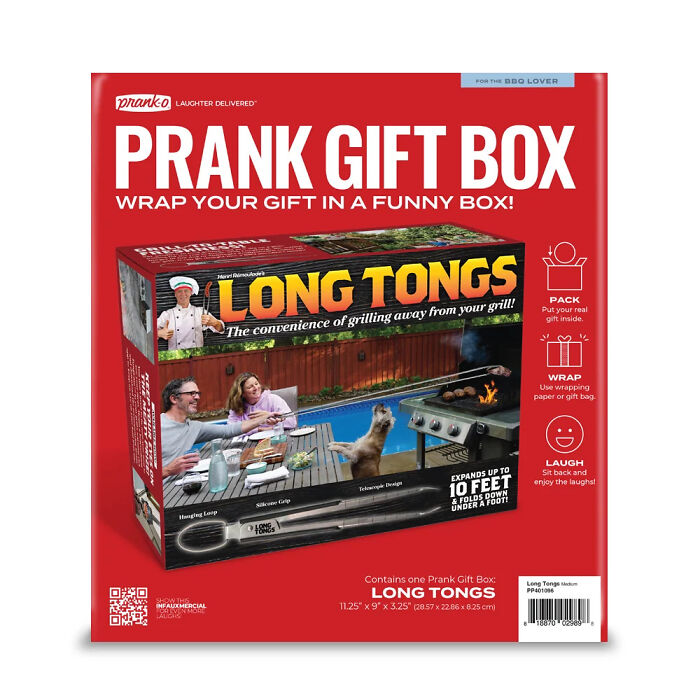 Red packaging for a fake product prank gift box featuring ridiculous Long Tongs Red packaging for a fake product prank gift box featuring ridiculous Long Tongs