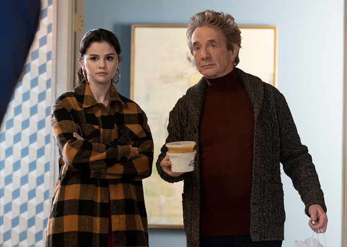 Selena Gomez and Martin Short standing together in a scene from Only Murders in the Building.