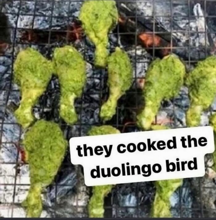 Green food shaped like Duolingo bird cooking on a barbecue grill