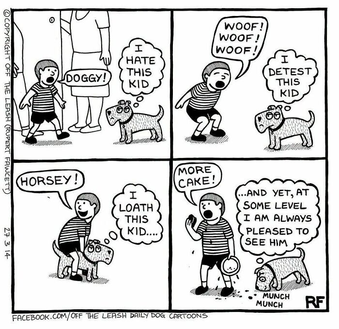 Funny Off The Leash dog cartoon by Rupert Fawcett showing a dog eating cake dropped on the floor by a child.
