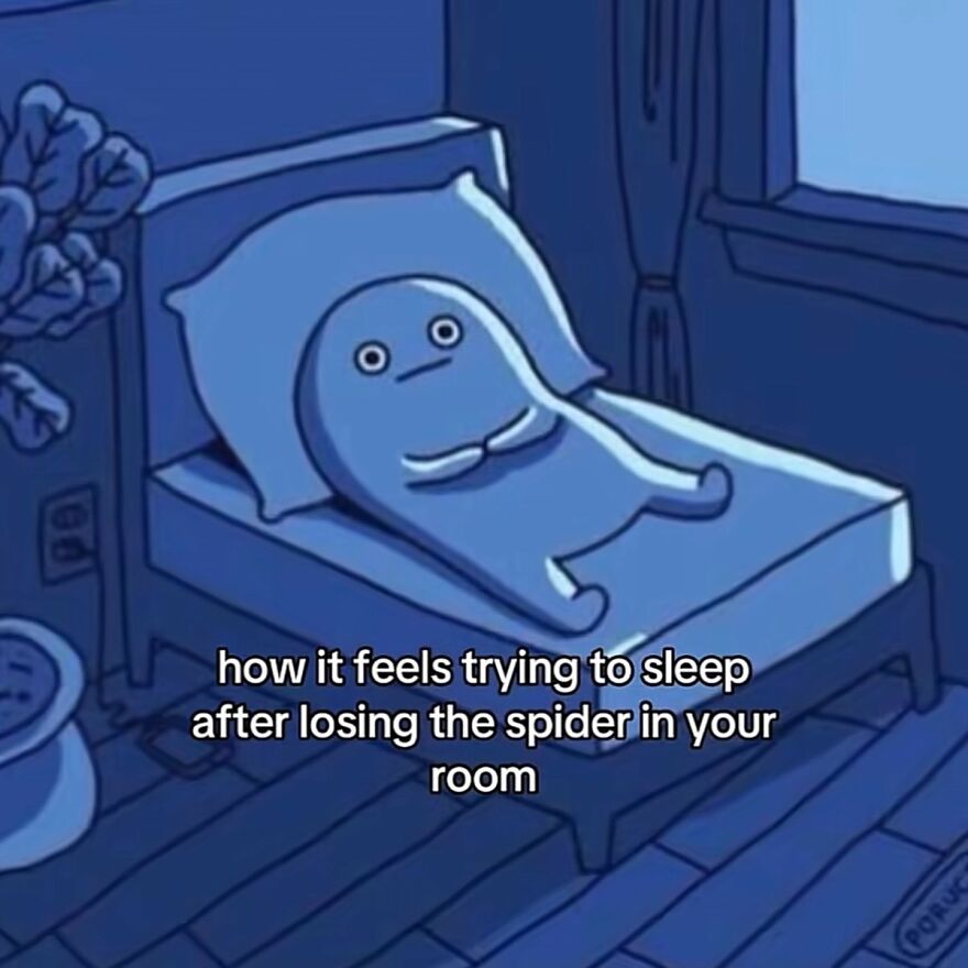 Cartoon character lying awake in bed meme representing spot-on accurate relatable memes.