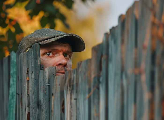 Suspicious entitled neighbor wearing a flat cap peaking over a wooden fence. Suspicious entitled neighbor wearing a flat cap peaking over a wooden fence.