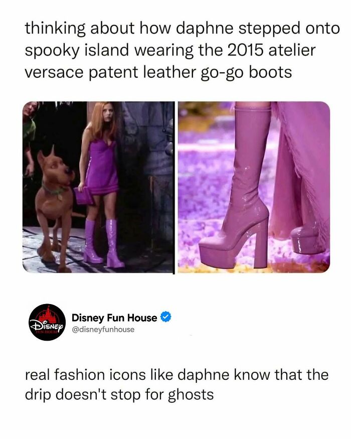 Daphne wearing 2015 atelier Versace patent leather go-go boots on Spooky Island fashion icons
