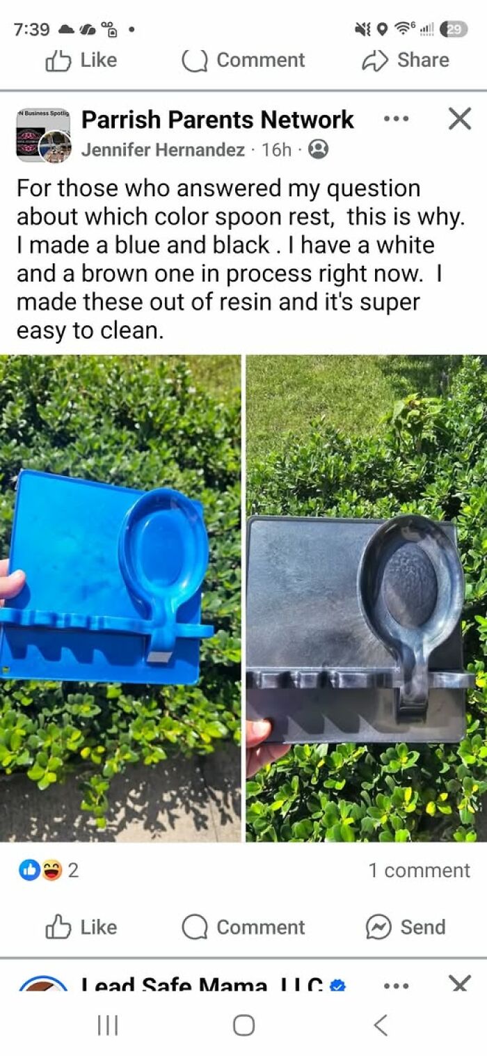 Two plastic spoon rests in blue and black colors, displaying homemade crafts and art projects