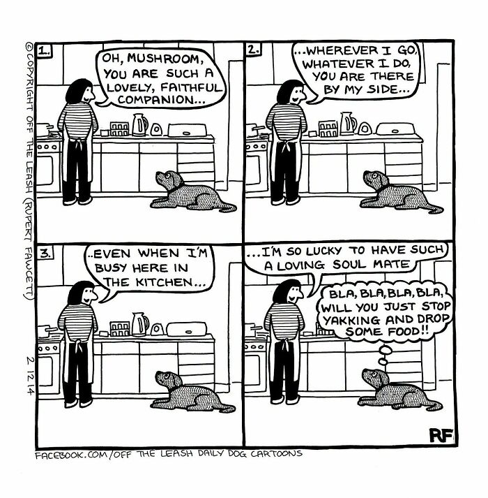 Funny Off The Leash dog cartoon by Rupert Fawcett showing a dog sitting by an owner cooking in the kitchen.