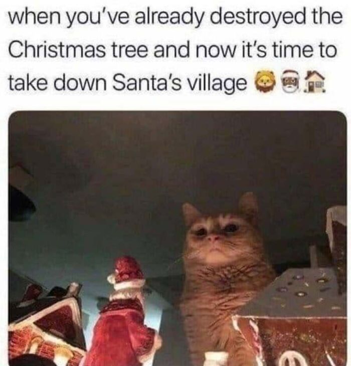 Funny cat meme of a ginger cat towering over a miniature Christmas village like a monster.