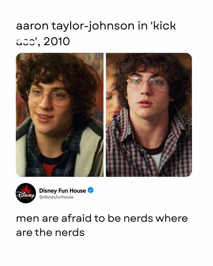 Pop culture meme showing Aaron Taylor-Johnson as a nerd in Kick-A*s movie