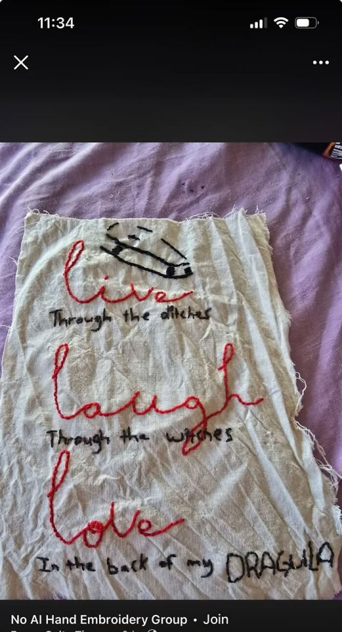 A poorly stitched embroidery on a piece of cloth depicting funny craft ideas.