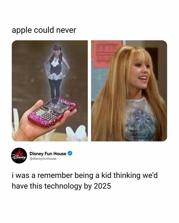 Pop culture meme about expected future technology with a hologram on a device
