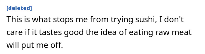 Social media comment discussing the risks of eating sushi and raw meat. Social media comment discussing the risks of eating sushi and raw meat.