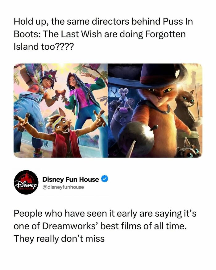 Pop culture posts about Dreamworks directors behind Puss In Boots and Forgotten Island movies