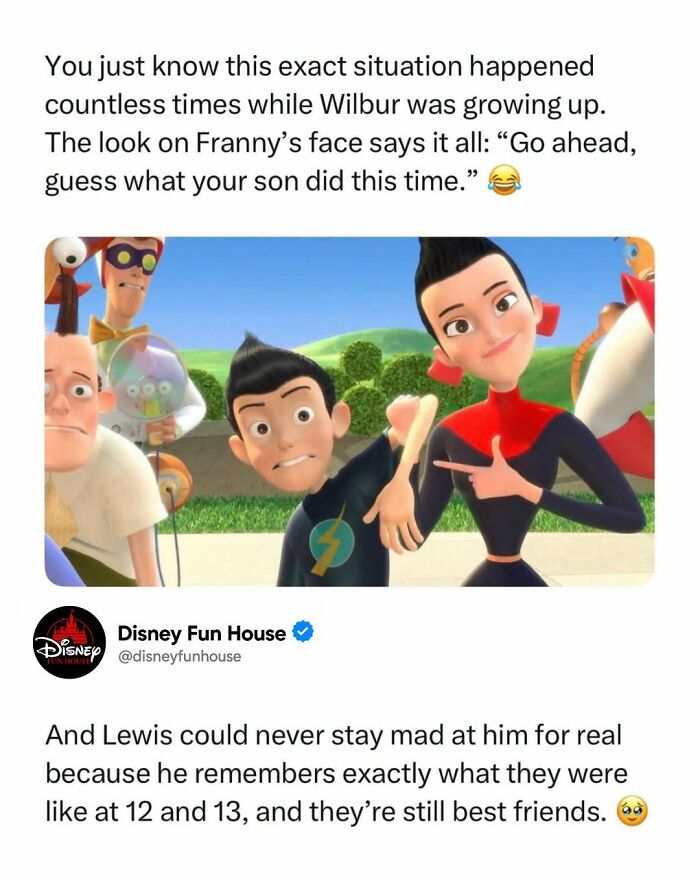 Animated family scene capturing pop culture moments with Wilbur and Franny