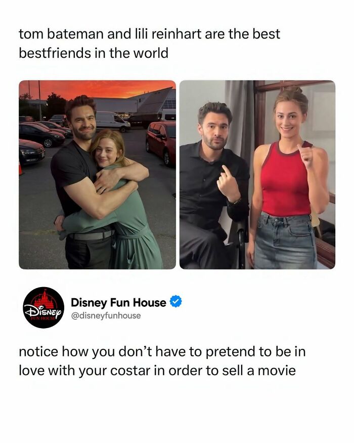 Actors Tom Bateman and Lili Reinhart smiling and posing as best friends