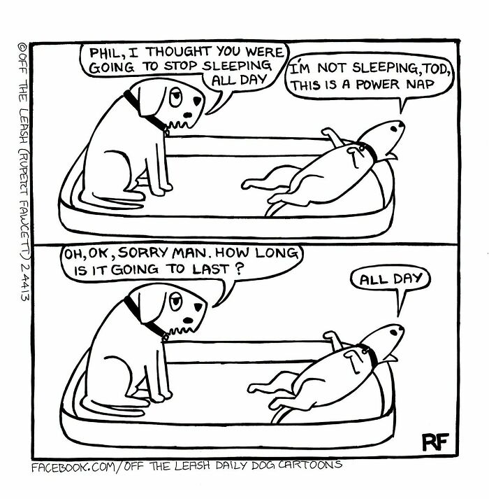 Funny Off The Leash dog cartoon featuring two dogs talking about a power nap in their bed.