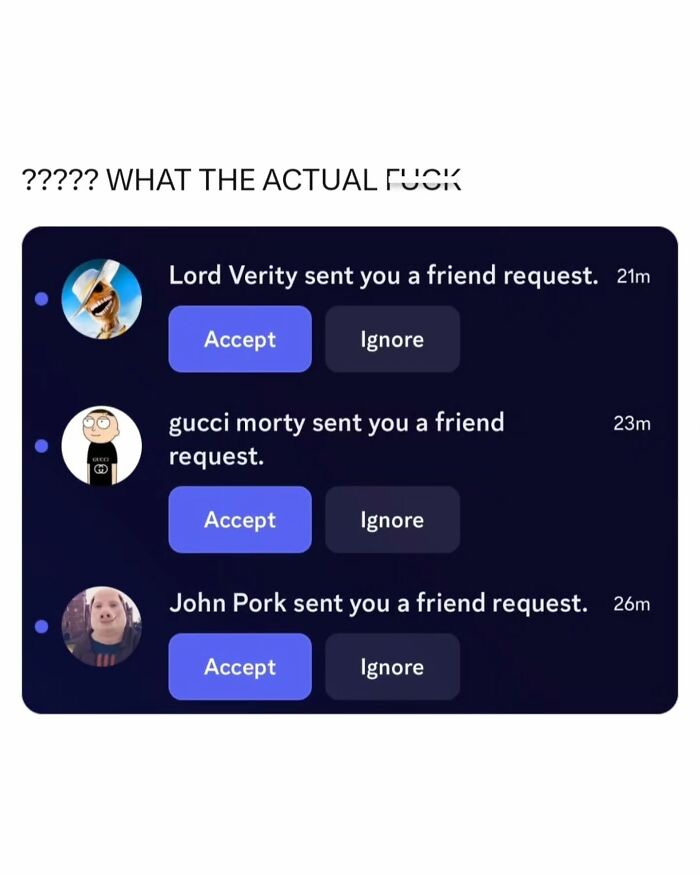Social media screenshot of bizarre friend requests, shared as one of many funny memes and interesting posts.
