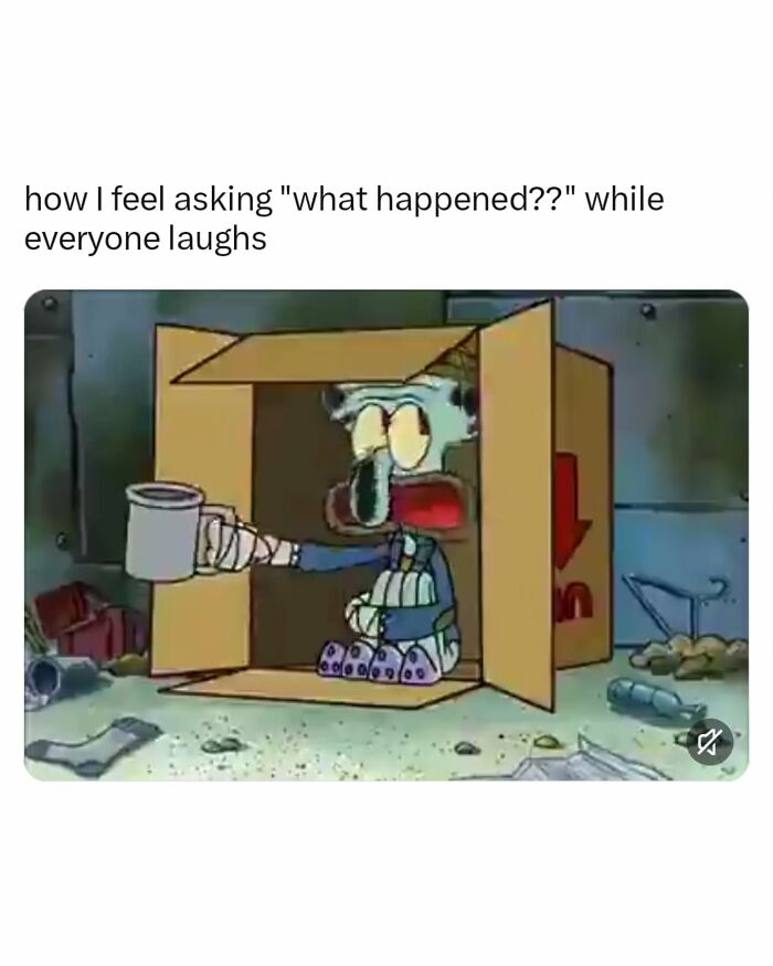 Relatable memes featuring Squidward begging in a cardboard box.