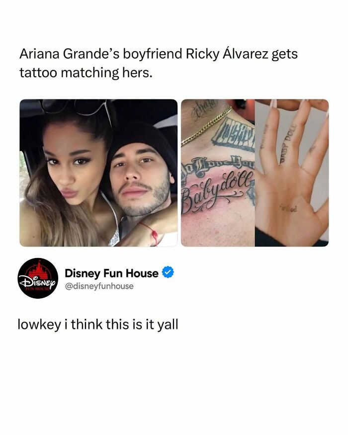 Ariana Grande and boyfriend Ricky Alvarez showing matching Babydoll tattoos